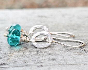 Wire Wrapped Fine Silver Teal Picasso Glass Earrings Gifts for Mom Fused Silver Earrings Gifts for Her