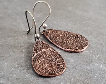 Copper Teardrop Earrings Paisley Earrings Gifts for Her PMC Textured Earrings Gifts for Mom