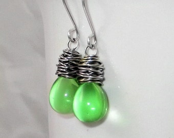 Holiday Jewelry Green Earrings Wire Wrapped Earrings, Sterling Silver Gifts for Her Under 15