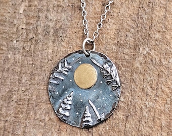 Sterling Silver Pine Tree Moon Pendant: Rustic Night Sky Necklace