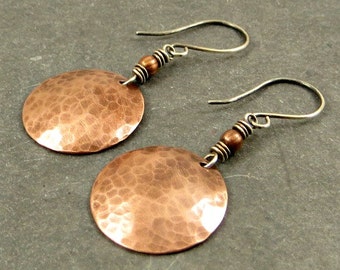 Copper Disc Earrings Textured Copper Discs Hammered Copper Earrings, Eco Friendly Jewelry Gifts for Her Gift