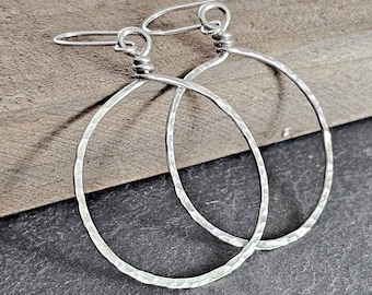 Hammered Sterling Silver Hoop Earrings - 1.5 Inch Diameter Large Hoops
