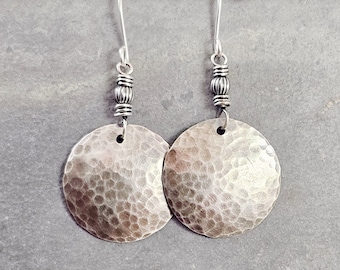 Hammered Sterling Silver Disc Earrings: Textured Dangle Jewelry
