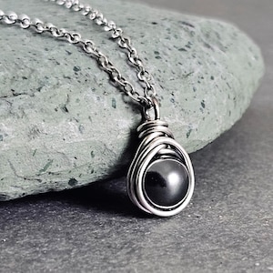 Black  Pearl Necklace: Wire Wrapped Sterling Silver Pendant