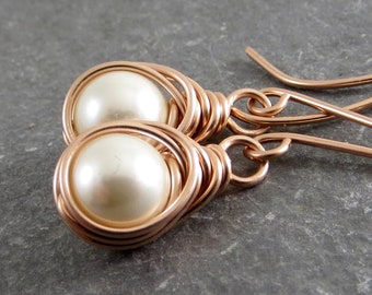 Pearl Earrings Wire Wrapped 14K Gold Fill Gifts for Her Rose Gold Pearl Earrings Eco Friendly Jewelry Ready to Ship Gift