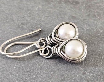 White Pearl Earrings Wire Wrapped in Fine Silver Swarovski Jewelry June Birthstone Gifts for Her Under 30 Gift