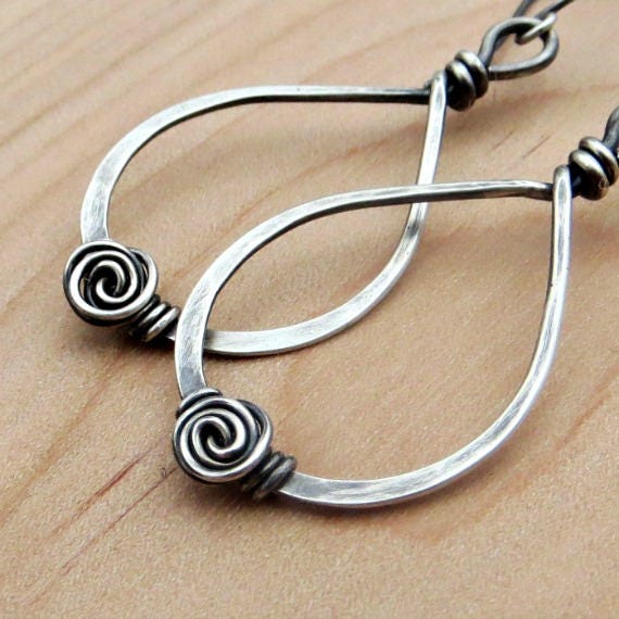 Oxidized Sterling Silver Spiral Teardrop Earrings: Recycled Wire Wrapped Jewelry