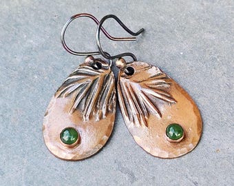 Pine Needle Earrings With Jade Stone Copper Precious Metal Clay Jewelry
