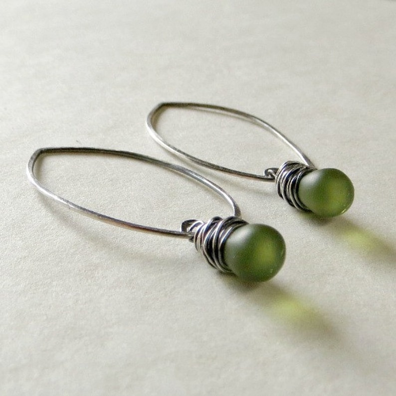 Green Drop Earrings Wire Wrapped Earrings Glass Teardrop Earrings Eco Friendly Jewelry Almond Ear Wires Gifts For Her image 3