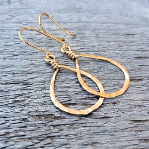 Gold Fill Teardrop Earrings: Hammered Hoops Size Small