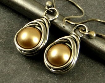 Gold Pearl Earrings, Wire Wrapped Pearl Earrings Holiday Jewelry Eco Friendly Jewelry Gifts for Her