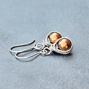 May include: A pair of silver wire earrings with a copper bead on each earring.