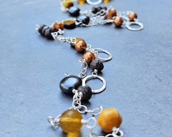 Long Sterling Silver Beaded Necklace: Earth Tone Wire Wrapped Jewelry