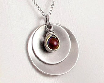 Pearl Necklace, Sterling Silver Disc Necklace, Layered Disc Pendant, Gifts for Her Gift