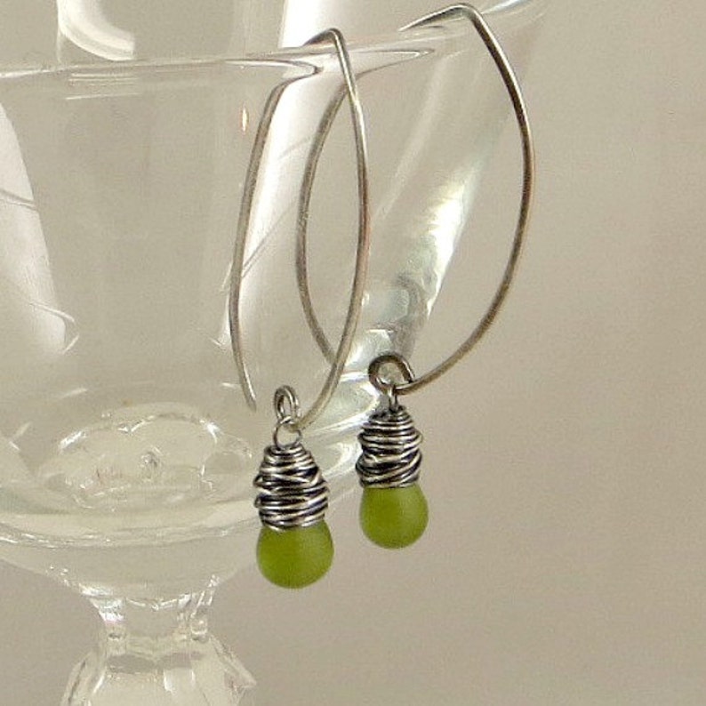 Green Drop Earrings Wire Wrapped Earrings Glass Teardrop Earrings Eco Friendly Jewelry Almond Ear Wires Gifts For Her image 4