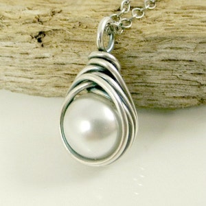 White Pearl Necklace Fine Silver Jewelry June Birthstone Eco Friendly Jewelry Gifts for Her Wire Wrapped Necklace Gift