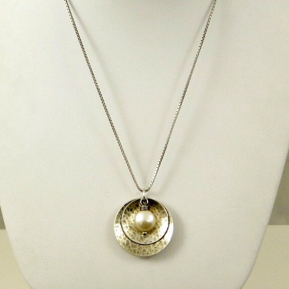 Silver Disc Necklace Ivory Pearl Necklace Pendant Necklace | Etsy