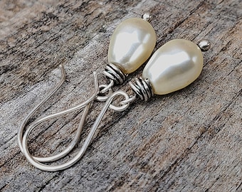 Pear Shaped Pearl Earrings, Swarovski Pearl Earrings, Wire Wrapped Pearls, Eco Friendly Jewelry Sterling Silver Earrings Gifts for Her