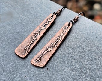 Copper Botanical Drop Earrings: Oxidized Sterling Silver, Nature Jewelry