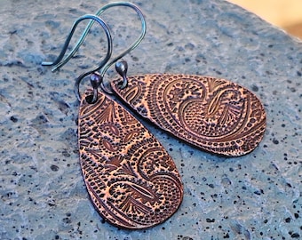 Copper Teardrop Earrings: Paisley PMC, Sterling Silver Ear Wires
