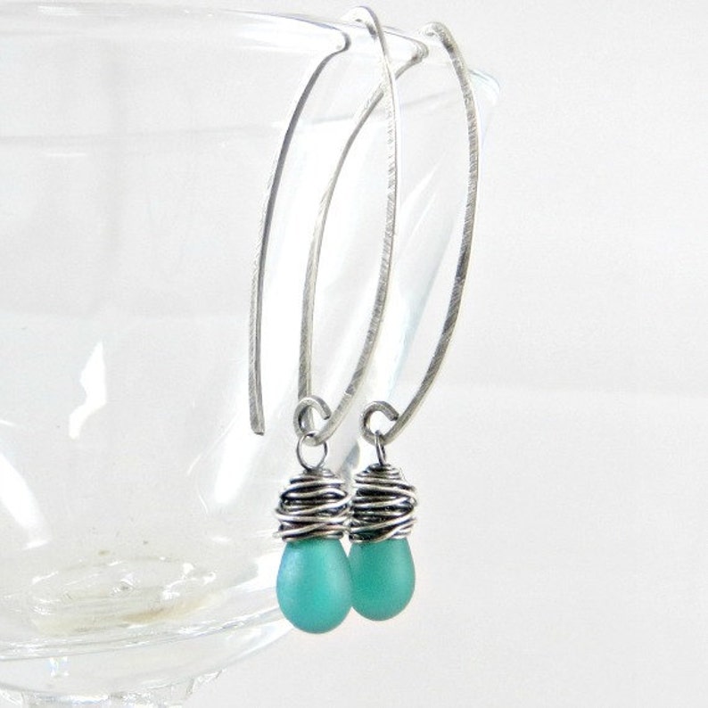 Earrings Teal Blue Sterling Silver Gifts for Her Wire Wrapped Jewelry Gift image 2