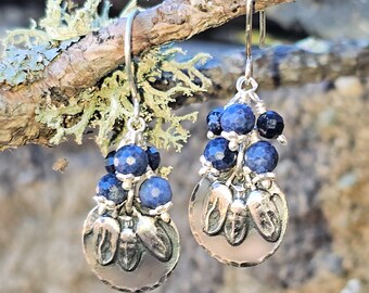 Blueberry Flower Sterling Silver Earrings with Sapphire Beads