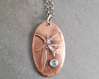 Botanical Necklace Copper Pendant Blue Topaz Necklace Large-Flowered Bellwort Nature Inspired Jewelry Gifts for Her