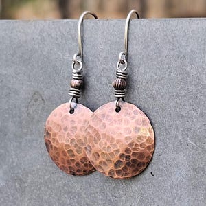 Hammered Copper Disc Earrings: Sterling Silver Ear Wire, Eco Friendly