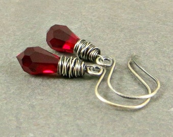 Holiday Jewelry Red Crystal Earrings Sterling Silver Wire Wrapped Swirl Earrings Gifts for Her Eco Friendly