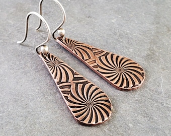 Copper Teardrop Earrings: PMC Design, Sterling Silver Ear Wire
