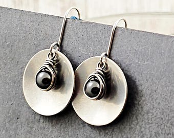 Sterling Silver Disc Earrings: Gray Pearl Dangle Earrings