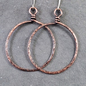 Hammered Copper Hoop Earrings: Oxidized Patina, Sterling Silver Wires