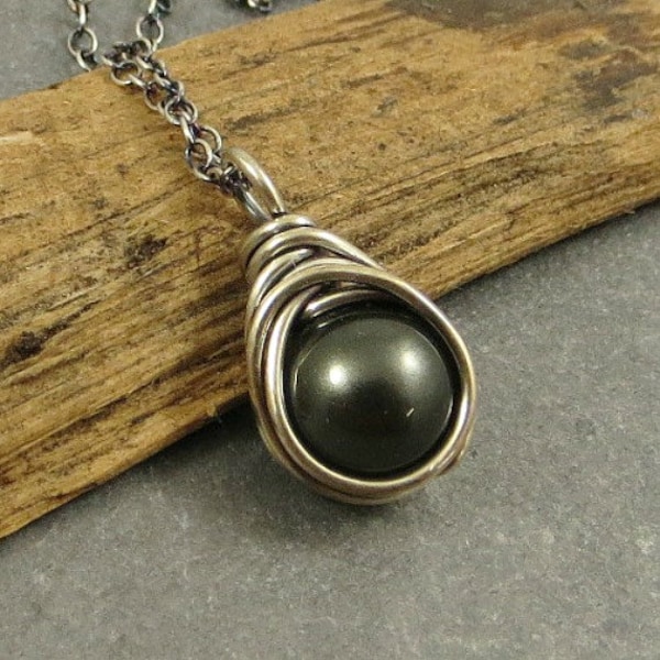 Black Pearl Necklace Wire Wrapped Necklace Swarovski Pearl Gifts under 30 Eco Friendly Jewelry Gift