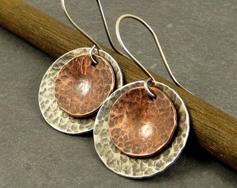 Disc Earrings Dangle  Earrings Textured Mixed Metal Sterling Silver Copper Gifts for Her Gift