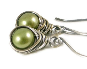 Pearl Earrings, Wire Wrapped Pearl Earrings, Light Green, Holiday Jewelry, Gifts for Her