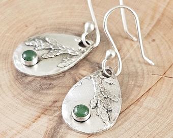 Cedar Earrings With Jade Stone Precious Metal Clay Jewelry
