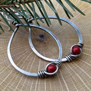 Sterling Silver Teardrop Earrings Holiday Jewelry Wire Wrapped Earrings, Red Fossil Stone Gifts for Her Eco Friendly Jewelry Gift