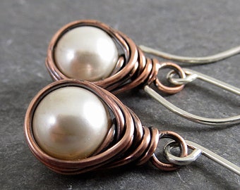 Copper Earrings Pearl Earrings Wire Wrapped Earrings Eco Friendly Jewelry Gifts for Her Gifts Under 25