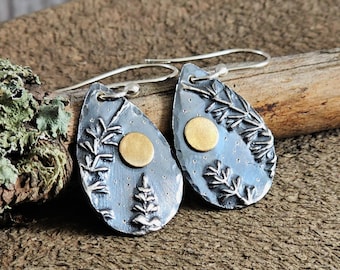 Pine Tree Moon Earrings Sterling Silver Teardrop Earrings
