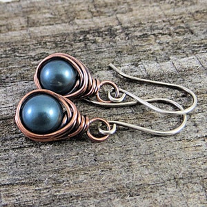 Pearl Earrings Copper Earrings Wire Wrapped Earrings, Eco Friendly Jewelry Gifts for Her Gift