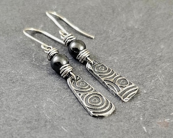 Sterling Silver Dangle Earrings: Black Crystal Pearl, PMC Paddle