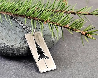 Handmade Sterling Silver Pine Tree Pendant Necklace: Rustic Oxidized Jewelry