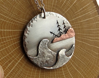 Wave Pendant Landscape Pendant Necklace Mixed Metal Necklace Rustic Jewelry Gifts for Her Lake Superior Necklace
