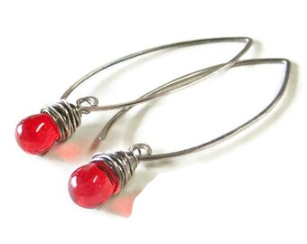 Red Teardrop Earrings Sterling Silver Glass Earrings, Under 20 Holiday Jewelry Gifts for Her Gift