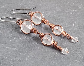 Copper Earrings Wire Wrapped Earrings Eco Friendly Jewelry Clear Glass Earrings