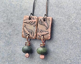 Rustic Copper Fern Earrings with Jade, Botanical Nature Jewelry