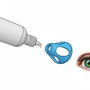 May include: Illustration of an eye care product application. A white bottle dispenses a drop of liquid toward a blue eye cup. A green eye is visible on the right side of the image.