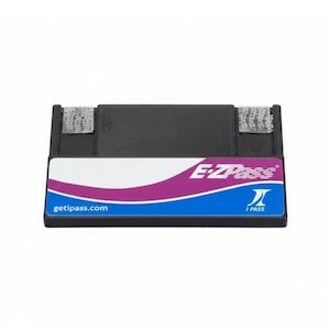 May include: Black rectangular EZ Pass transponder holder with a blue, white, and purple design. The holder has a velcro closure and the text "getipass.com" is visible.