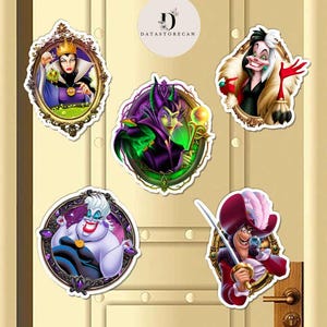 May include: A collection of six character stickers featuring villains from a popular animated film. The stickers depict a queen, a sorceress, a woman with a black and white fur coat, a sea witch, and a pirate. The stickers are attached to a light-colored door.
