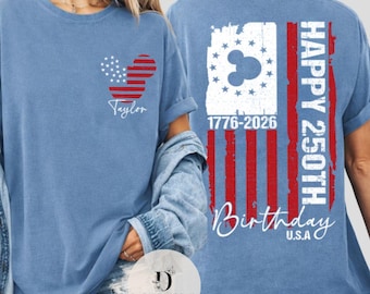 vintage rétro 4 juillet chemise drapeau Disney USA, chemise patriotique Mickey joyeux 250e anniversaire voyage WDW Disneyland, tee-shirt familial personnalisé assorti